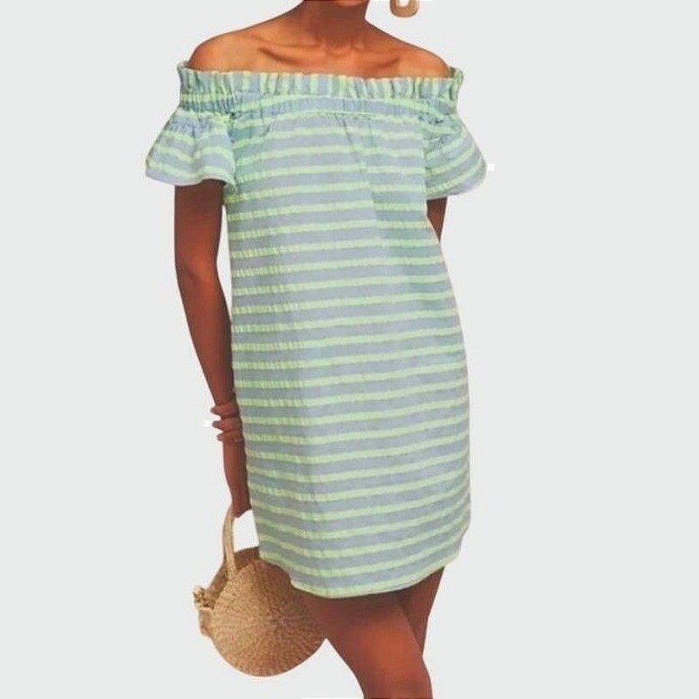 Corey Lynn Calter Anthropologie Green Gray Striped Off Shoulder Pocket Dress M